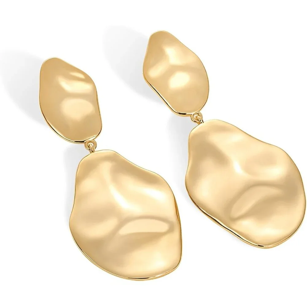 Women Yellow 14K Gold Plated Sterling Silver Lightweight Hammered Dangle Earring